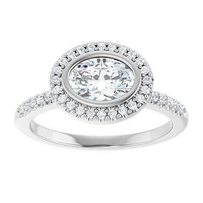 14K White Gold Bezel Set Oval Halo Engagement Ring with 1 CT Center and 1 1/5 CTW Diamonds