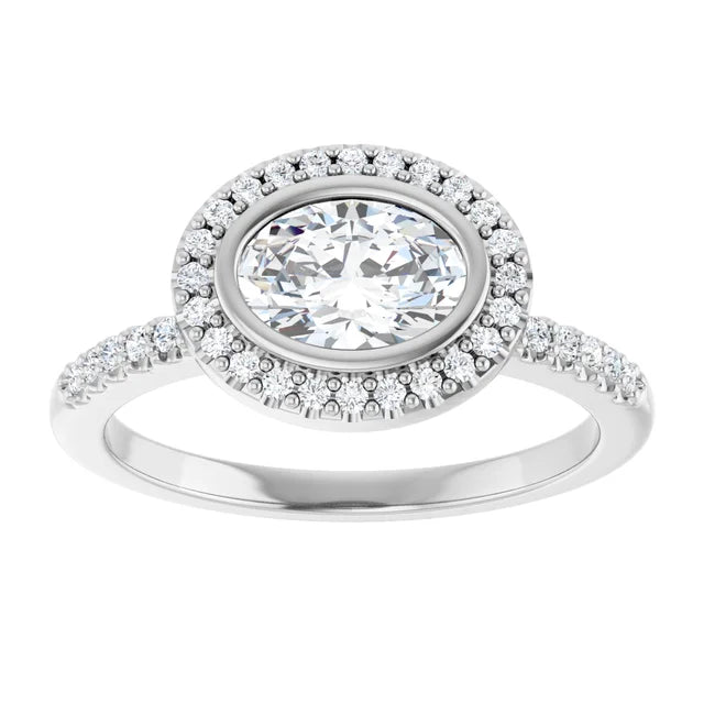 14K White Gold Bezel Set Oval Halo Engagement Ring with 1 CT Center and 1 1/5 CTW Diamonds