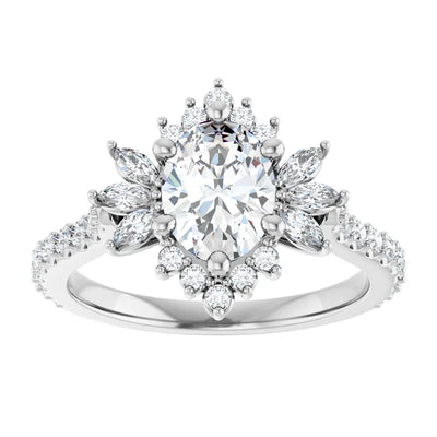 14K White Gold Oval Engagement Ring with 1 CT Center and 1 1/2 CTW Floral Halo Design