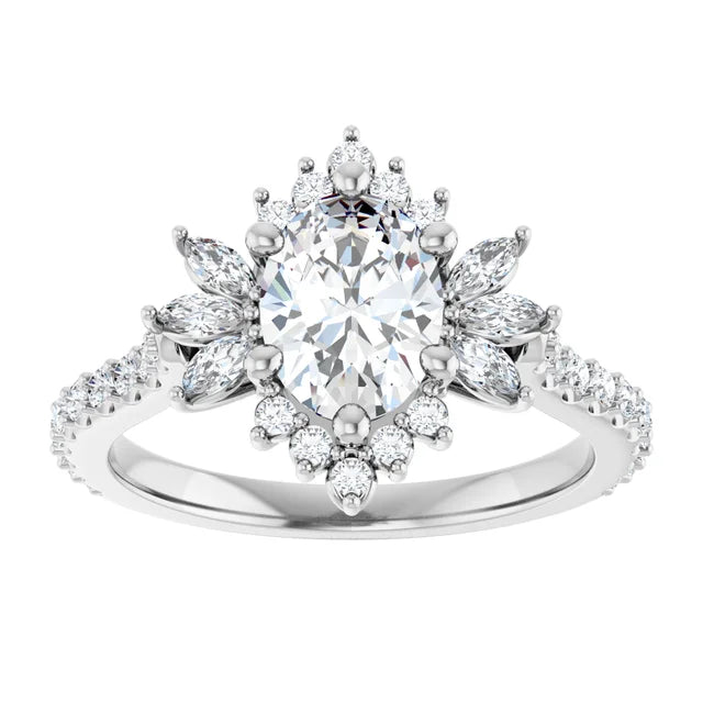 14K White Gold Oval Engagement Ring with 1 CT Center and 1 1/2 CTW Floral Halo Design