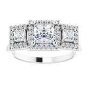 14K White Gold 1 1/4 CTW Princess Diamond Three-Stone Halo Engagement Ring