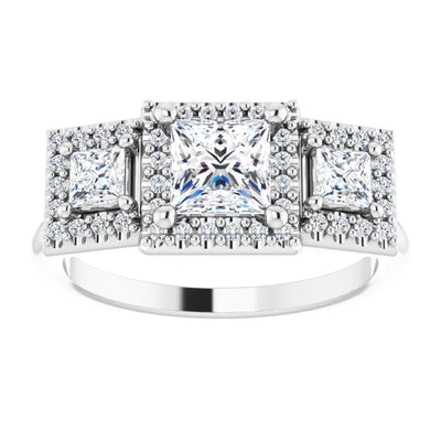 14K White Gold 1 1/4 CTW Princess Diamond Three-Stone Halo Engagement Ring
