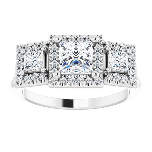 14K White Gold 1 1/4 CTW Princess Diamond Three-Stone Halo Engagement Ring