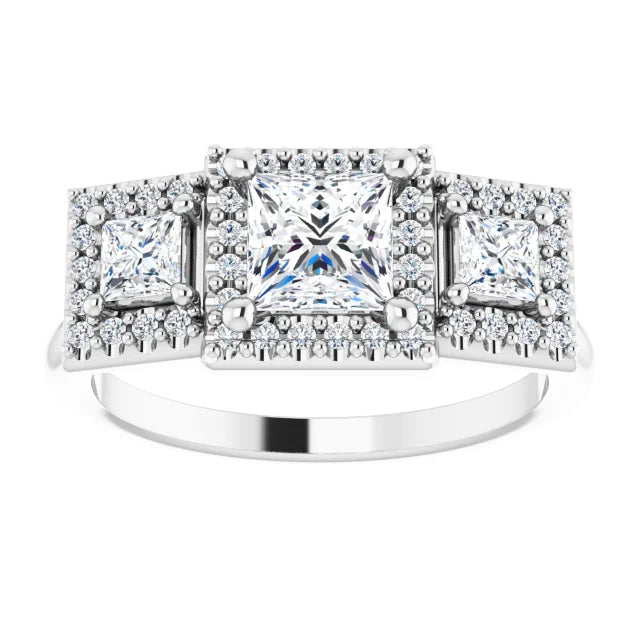 14K White Gold 1 1/4 CTW Princess Diamond Three-Stone Halo Engagement Ring