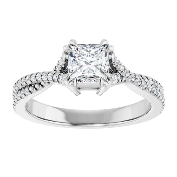 14K White Gold 9/10 CTW Princess Diamond Engagement Ring with Twisted Pavé Shank