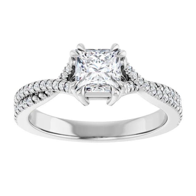 14K White Gold 9/10 CTW Princess Diamond Engagement Ring with Twisted Pavé Shank