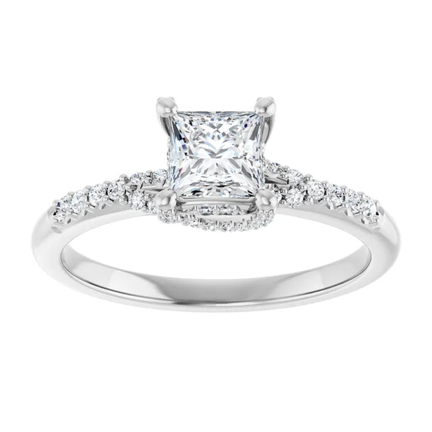 14K White Gold 3/4 CTW Princess Diamond Engagement Ring with Pavé Band