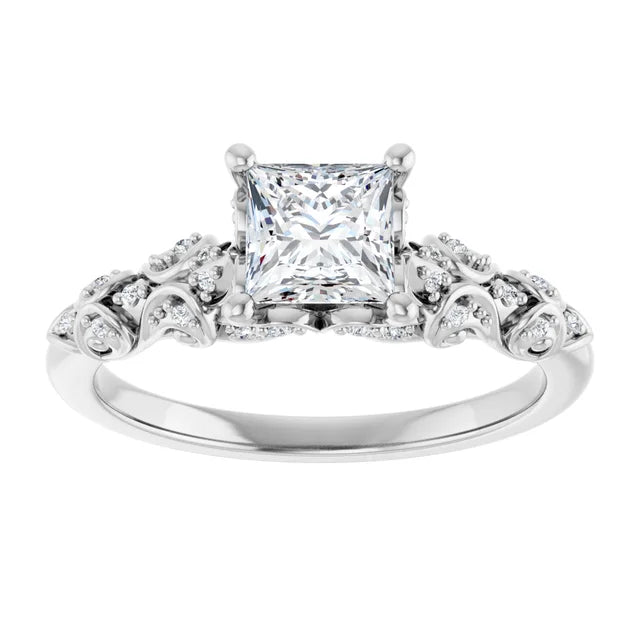 14K White Gold 3/4 CTW Princess Diamond Engagement Ring with Vintage-Inspired Filigree Band
