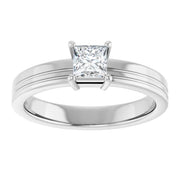 14K White Gold Princess Cut Solitaire Ring with 1/3 CT Center and Grooved Band Detailing