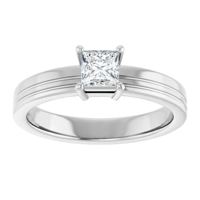 14K White Gold Princess Cut Solitaire Ring with 1/3 CT Center and Grooved Band Detailing