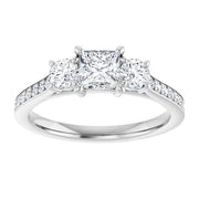 14K White Gold Princess Cut Three Stone Engagement Ring with 1/2 CT Center and 1 1/2 CTW Diamond Accents