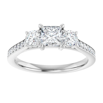 14K White Gold Princess Cut Three Stone Engagement Ring with 1/2 CT Center and 1 1/2 CTW Diamond Accents