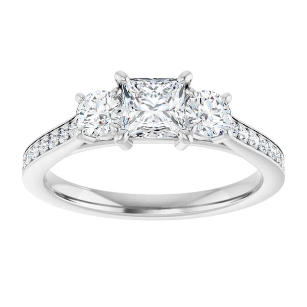 14K White Gold Princess Cut Three Stone Engagement Ring with 1/2 CT Center and 1 1/2 CTW Diamond Accents