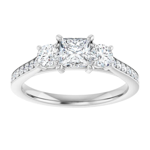 14K White Gold Princess Cut Three Stone Engagement Ring with 1/2 CT Center and 1 1/2 CTW Diamond Accents