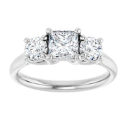 14K White Gold Princess Cut Three-Stone Engagement Ring with 3/4 CT Center and 1 1/3 CTW Round Side Diamonds