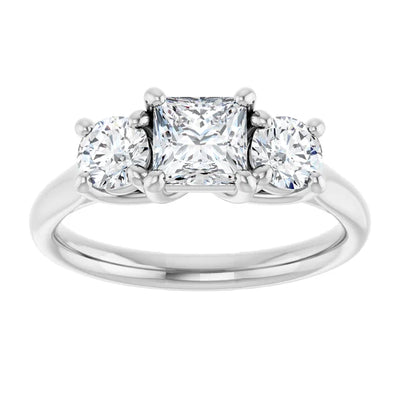 14K White Gold Princess Cut Three-Stone Engagement Ring with 3/4 CT Center and 1 1/3 CTW Round Side Diamonds