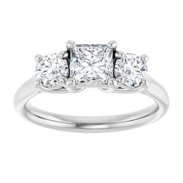 14K White Gold Princess Cut Three-Stone Engagement Ring with 3/4 CT Center and 1 1/3 CTW Round Side Diamonds