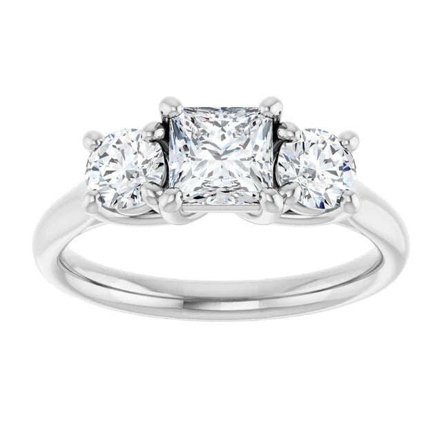 14K White Gold Princess Cut Three-Stone Engagement Ring with 3/4 CT Center and 1 1/3 CTW Round Side Diamonds