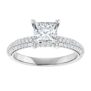 14K White Gold Princess Cut Engagement Ring with 1 CT Center and 1 1/3 CTW Triple Row Diamond