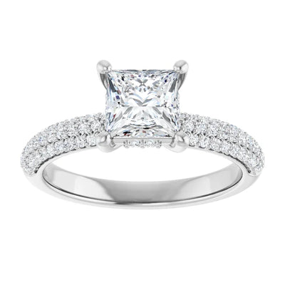 14K White Gold Princess Cut Engagement Ring with 1 CT Center and 1 1/3 CTW Triple Row Diamond