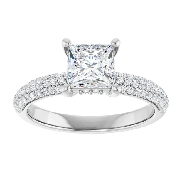14K White Gold Princess Cut Engagement Ring with 1 CT Center and 1 1/3 CTW Triple Row Diamond