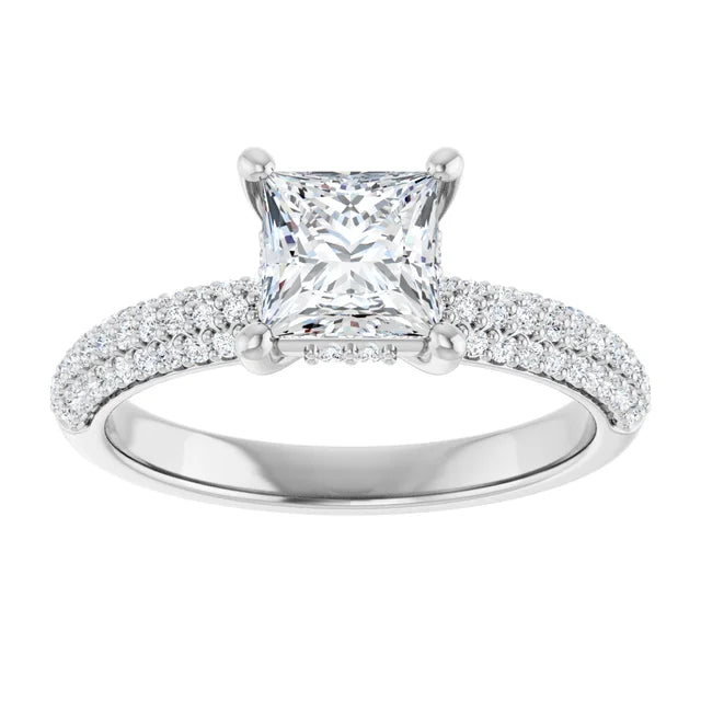 14K White Gold Princess Cut Engagement Ring with 1 CT Center and 1 1/3 CTW Triple Row Diamond