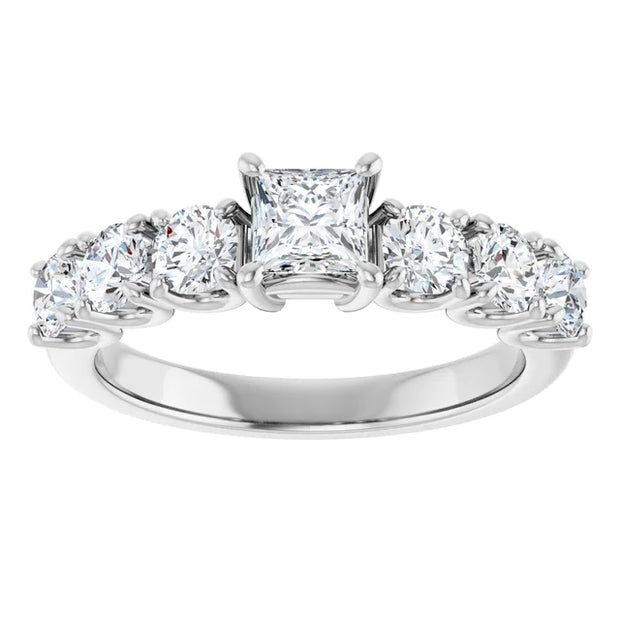 14K White Gold Princess Cut Engagement Ring with 3/8 CT Center and 1 1/3 CTW Graduated Diamond