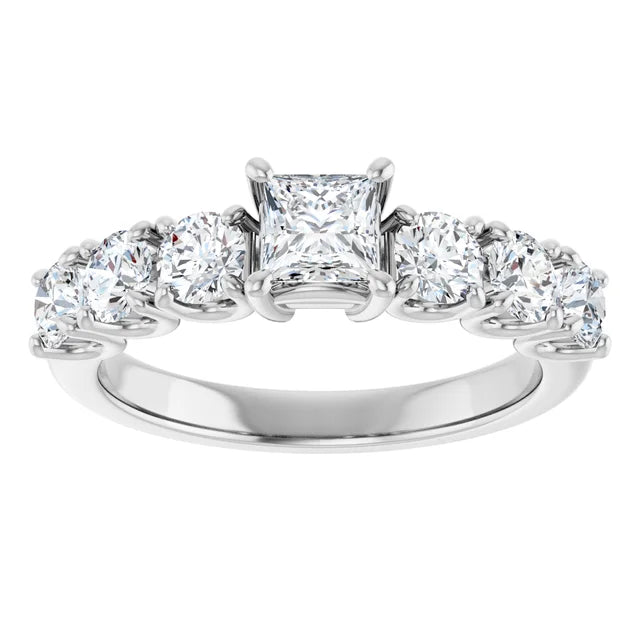 14K White Gold Princess Cut Engagement Ring with 3/8 CT Center and 1 1/3 CTW Graduated Diamond