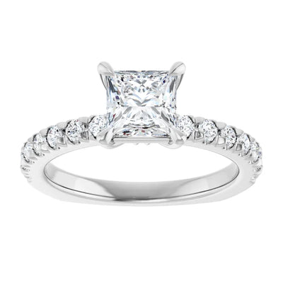 14K White Gold Princess Cut Engagement Ring with 1 CT Center and 1 1/3 CTW Diamond Accent
