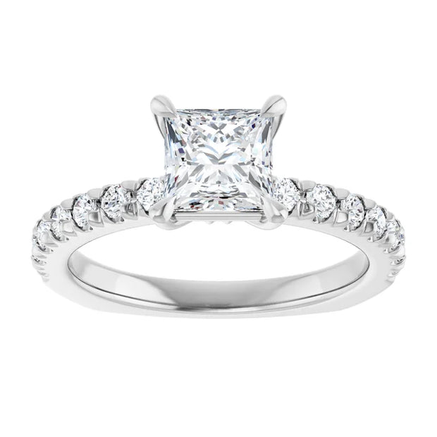 14K White Gold Princess Cut Engagement Ring with 1 CT Center and 1 1/3 CTW Diamond Accent