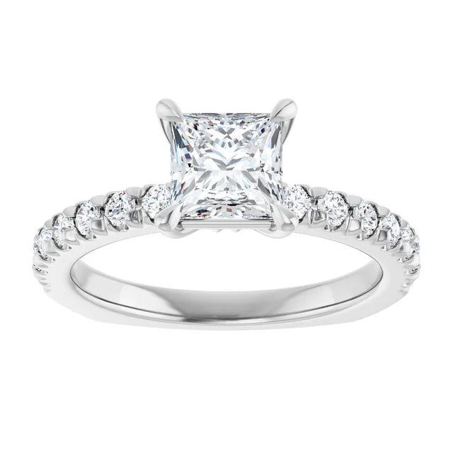 14K White Gold Princess Cut Engagement Ring with 1 CT Center and 1 1/3 CTW Diamond Accent