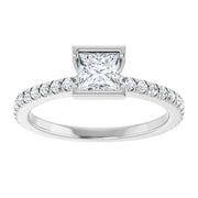 14K White Gold Bezel Set Princess Cut Engagement Ring with 3/4 CT Center and 1 CTW Diamond Band