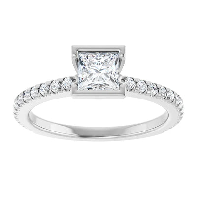 14K White Gold Bezel Set Princess Cut Engagement Ring with 3/4 CT Center and 1 CTW Diamond Band