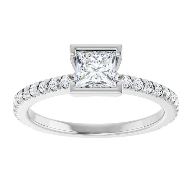 14K White Gold Bezel Set Princess Cut Engagement Ring with 3/4 CT Center and 1 CTW Diamond Band