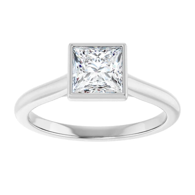 14K White Gold Bezel Set Princess Cut Solitaire Ring with 1/2 CT Center Diamond