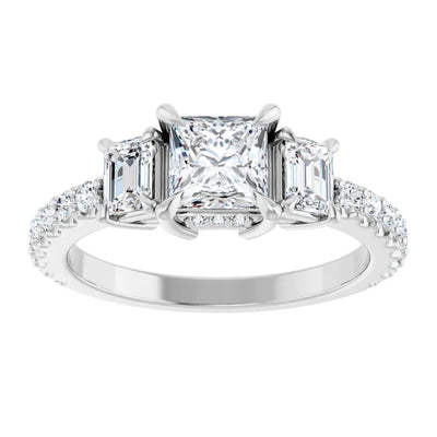 14K White Gold Princess Cut Three-Stone Engagement Ring with 3/4 CT Center and 1 1/2 CTW Diamond Accents