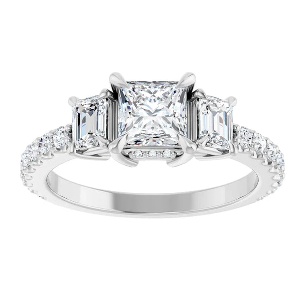 14K White Gold Princess Cut Three-Stone Engagement Ring with 3/4 CT Center and 1 1/2 CTW Diamond Accents