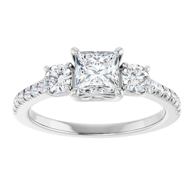 14K White Gold Princess Cut Three Stone Engagement Ring with 1 CT Center and 1 1/2 CTW Round Side Diamonds