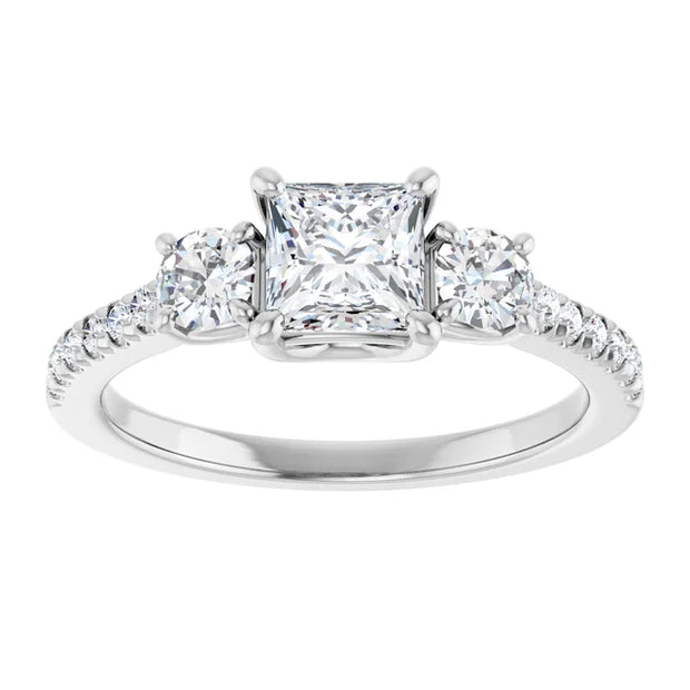 14K White Gold Princess Cut Three Stone Engagement Ring with 1 CT Center and 1 1/2 CTW Round Side Diamonds