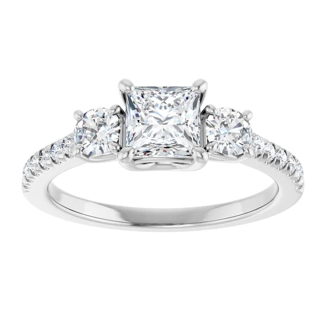 14K White Gold Princess Cut Three Stone Engagement Ring with 1 CT Center and 1 1/2 CTW Round Side Diamonds