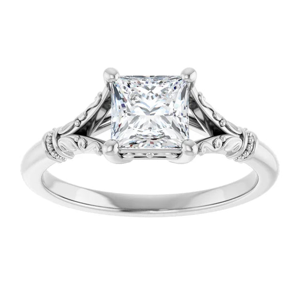 14K White Gold Princess Cut Solitaire Ring with 3/4 CT Center and Vintage-Inspired Scrollwork Detailing