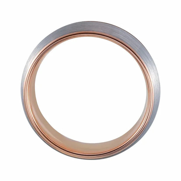 Mens 8 mm 18K Rose Gold PVD Groove in Satin Finished Tungsten Band