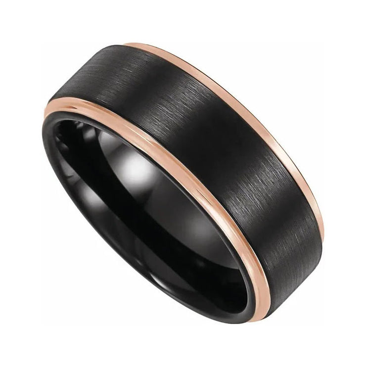 Mens 18K Rose Gold PVD and Black PVD Tungsten 8 mm Flat Grooved Band