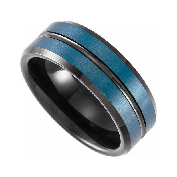 Mens Black and Blue PVD Tungsten 8 mm Grooved Band