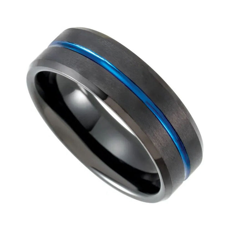 Mens Black & Blue PVD Tungsten 8 mm Grooved Band