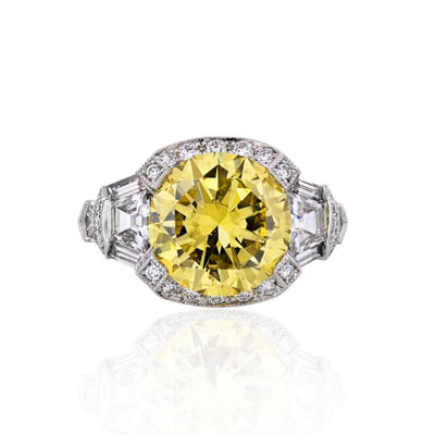 One Custom Fancy Yellow Round Diamond Accented Ring