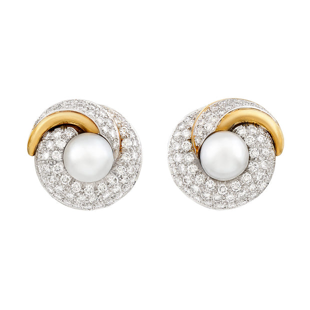 French Platinum 18K South Sea Pearl Spiral Diamond Earrings