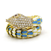 18K Yellow Gold Pave Diamond Turquoise & White Enamel Serpent Ring