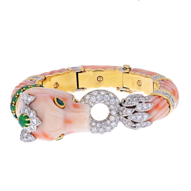 David Webb Carved Coral Emerald Diamond Bracelet