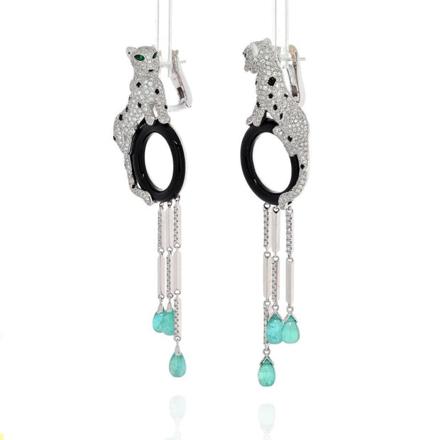 18K Panthere de Cartier Onyx Emerald MicroPave Diamond Earrings